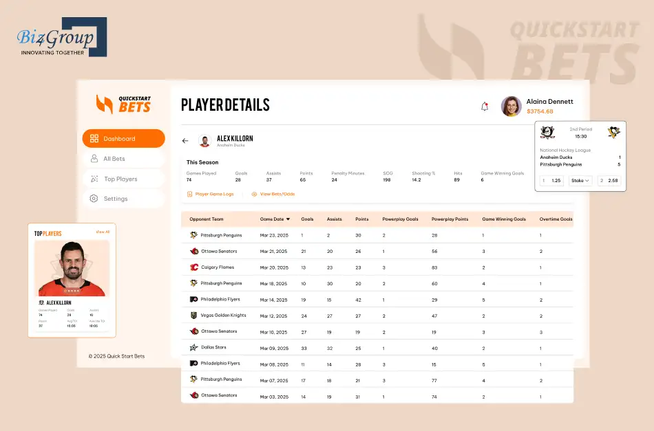 Quick Start Bets - delivers real-time NHL analytics with dashboards for bets, player stats, and historical trends